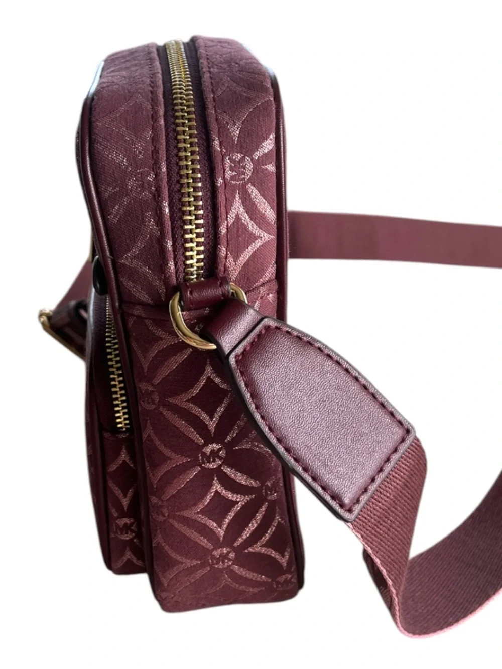 Michael Kors Jet Set Burgundy Metallic Logo Jacquard Crossbody Bag Travel Purse